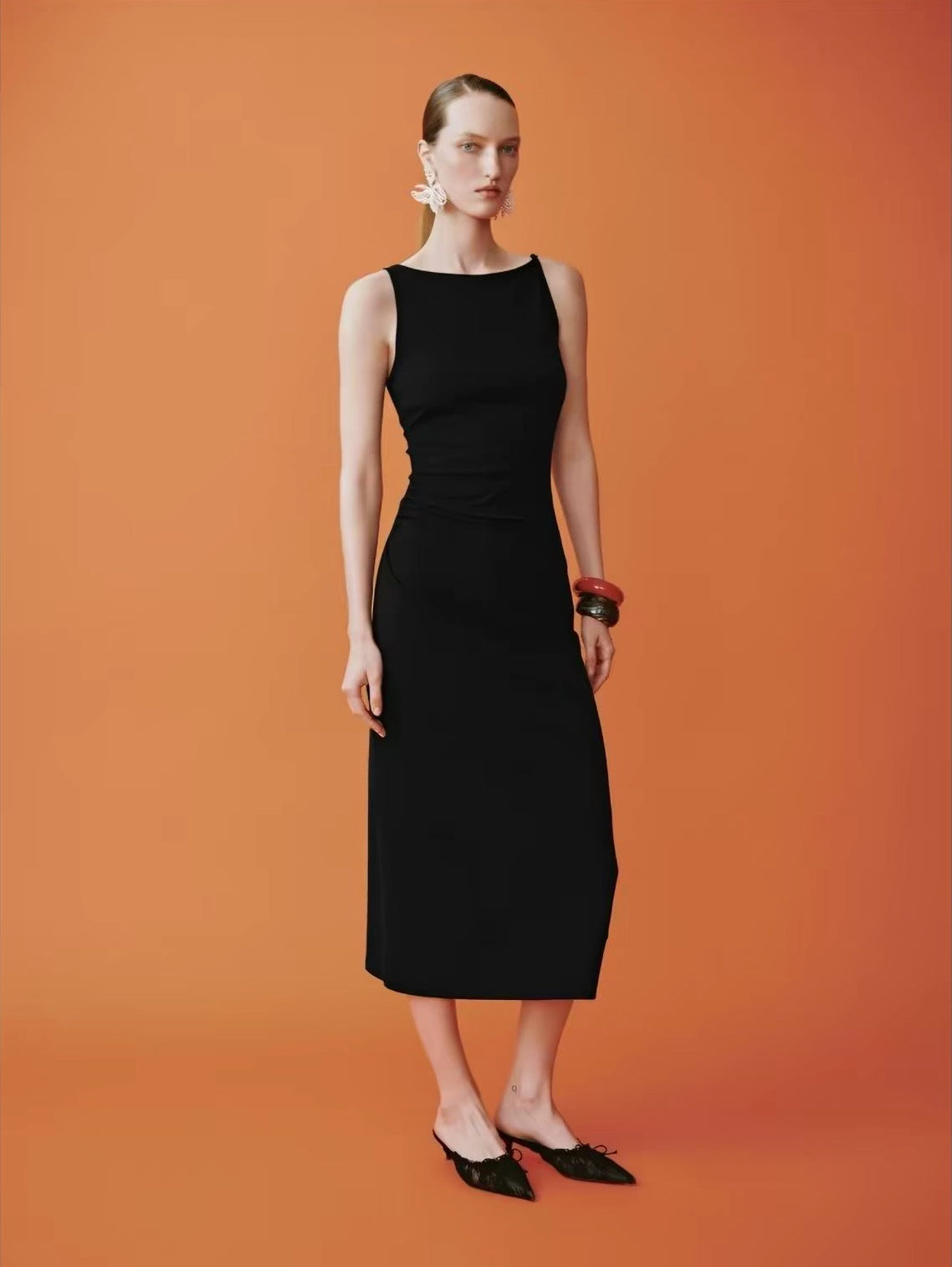 Selene Boat-Neck Midi Dress Black