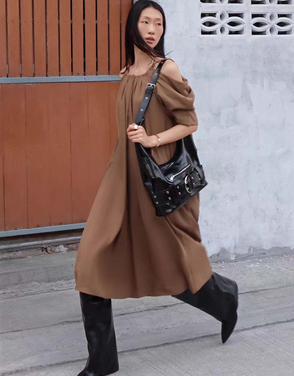 Amara Cold-Shoulder Midi Dress Deep Red Brown