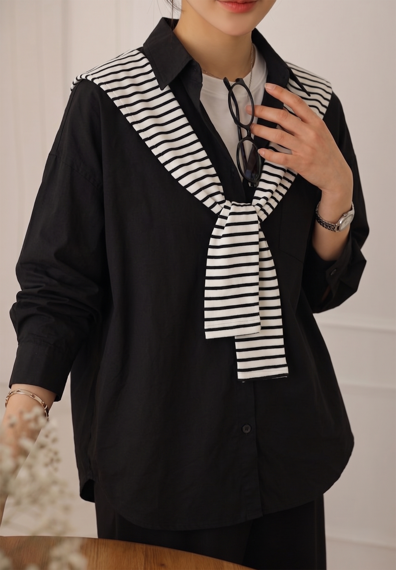 Chic Black Maternity Shirt with Removable Striped Shoulder Wrap