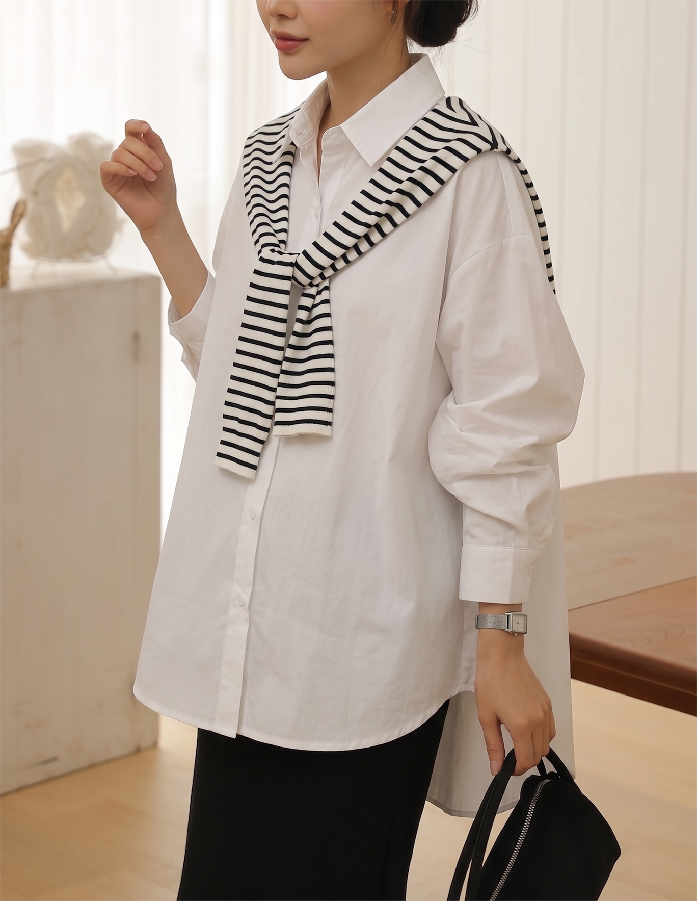 Chic White Maternity Shirt with Removable Striped Shoulder Wrap