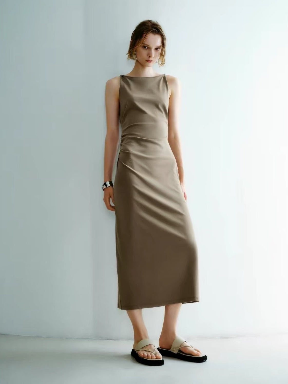 Selene Boat-Neck Midi Dress Grey Green