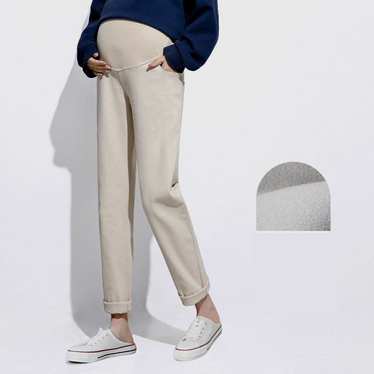 Beige Velvet-Lined Maternity Tapered Trousers