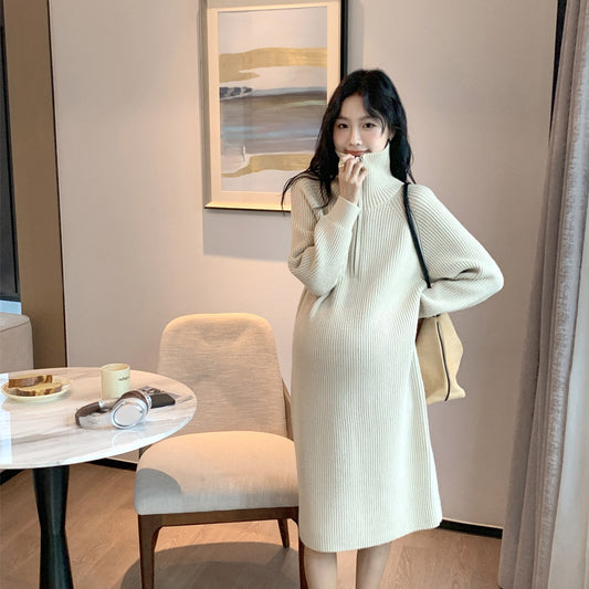 Cozy Loose-Fit Maternity Knit Dress Beige