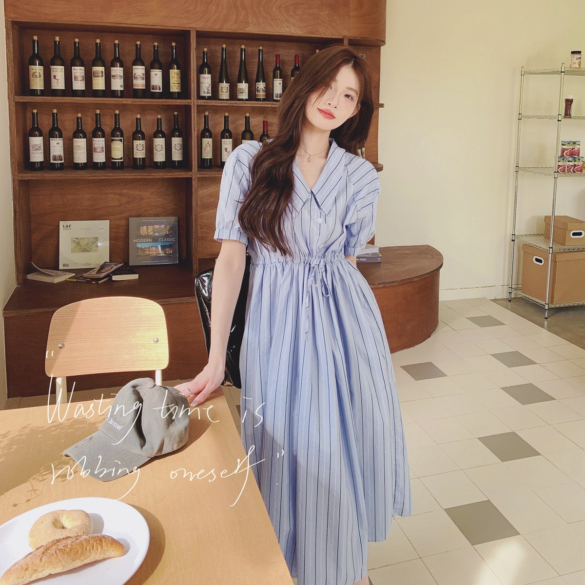 Blue Striped Chic Maternity Dress with Tie Waist