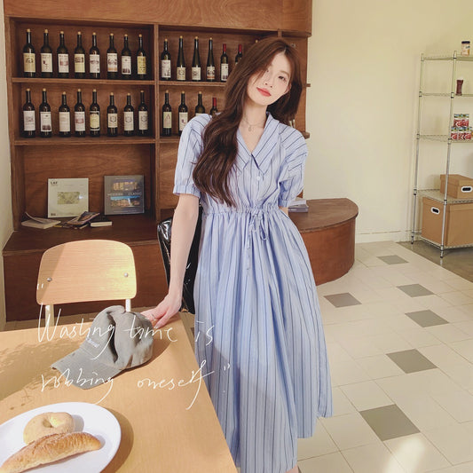 Blue Striped Chic Maternity Dress with Tie Waist