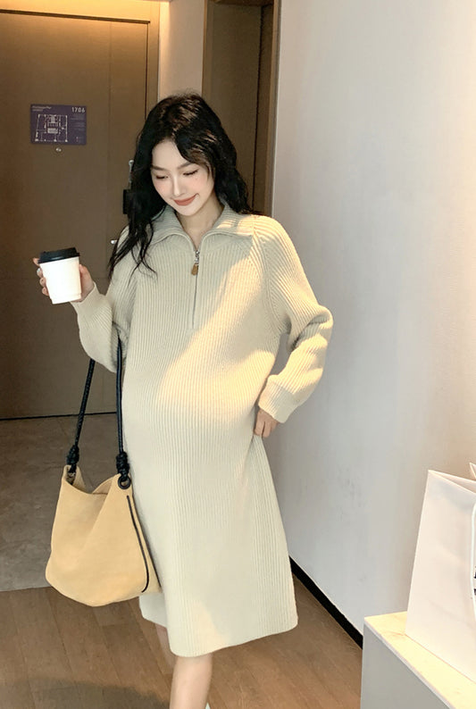 Cozy Loose-Fit Maternity Knit Dress Beige