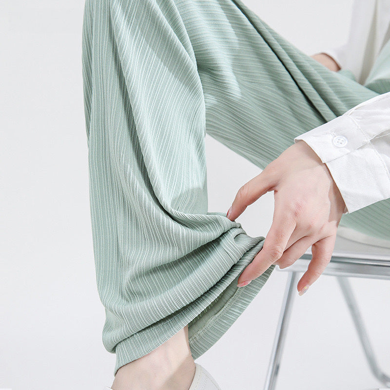 Wide Leg Crossover Waist Cotton Silk Pants Light Green