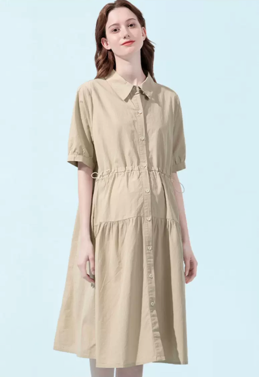 Slim Waist Buttoned Shirt Pocket Midi Dress