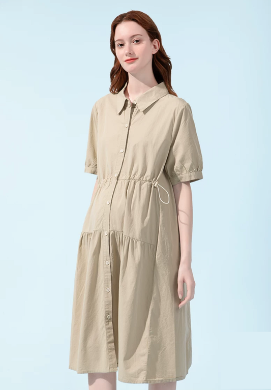 Slim Waist Buttoned Shirt Pocket Midi Dress