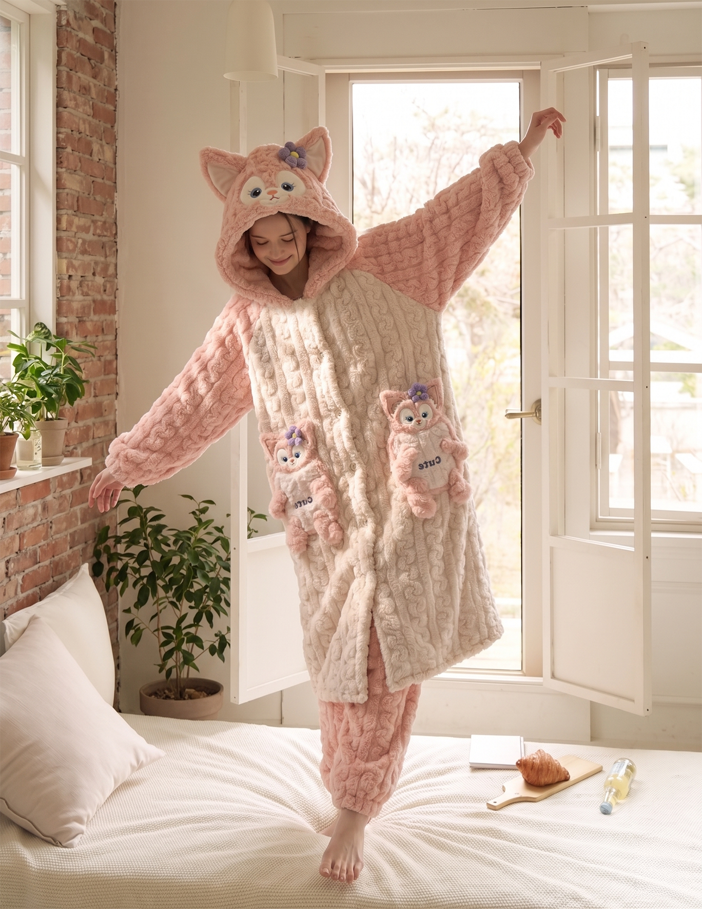 LinaBell White Fleece Fluffy Fuzzy Warm Pyjama Set
