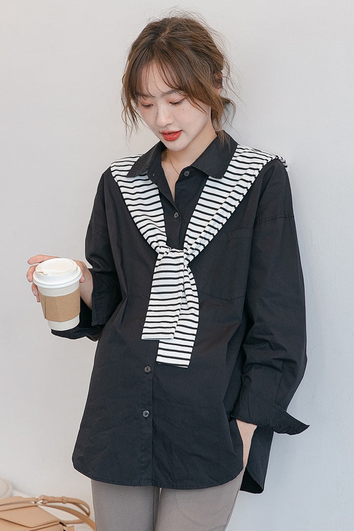 Chic Black Maternity Shirt with Removable Striped Shoulder Wrap