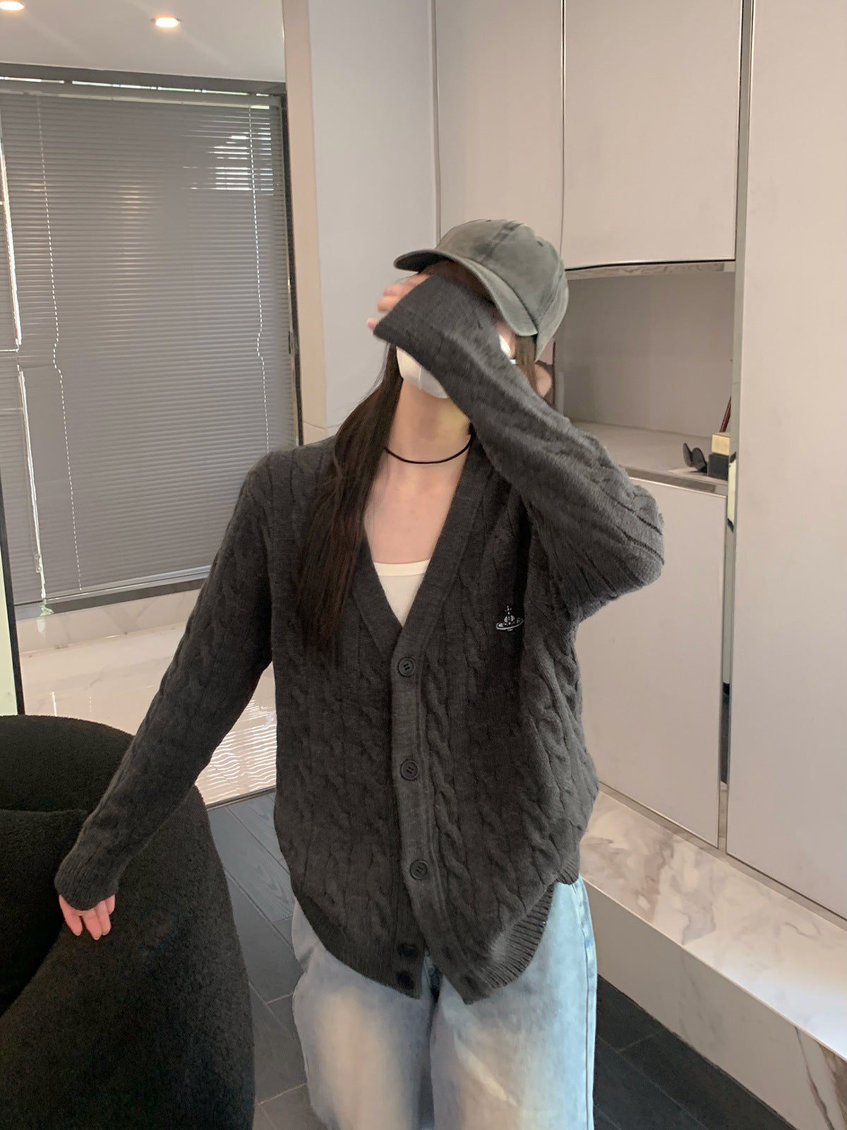 ADER EOFFOR Gray V-Neck Button-Up Knit Cardigan