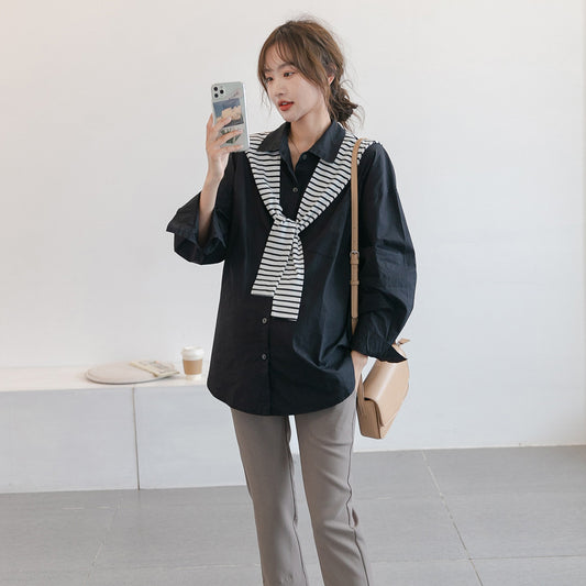 Chic Black Maternity Shirt with Removable Striped Shoulder Wrap