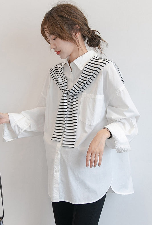 Chic White Maternity Shirt with Removable Striped Shoulder Wrap