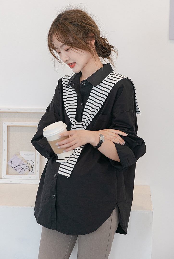 Chic Black Maternity Shirt with Removable Striped Shoulder Wrap