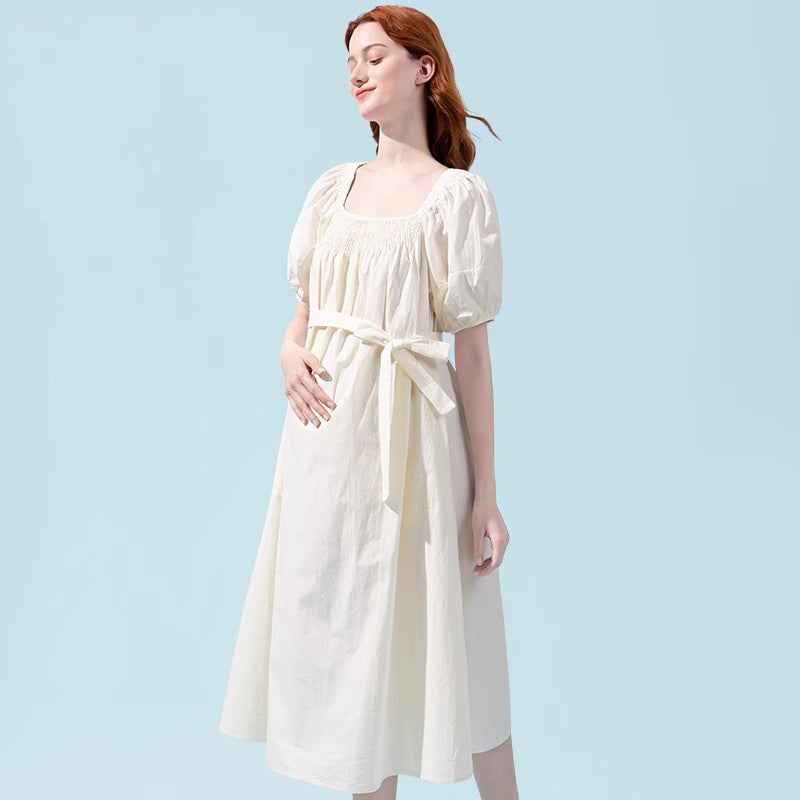 High Waisted Cotton Bishop Sleeve Midi Dress