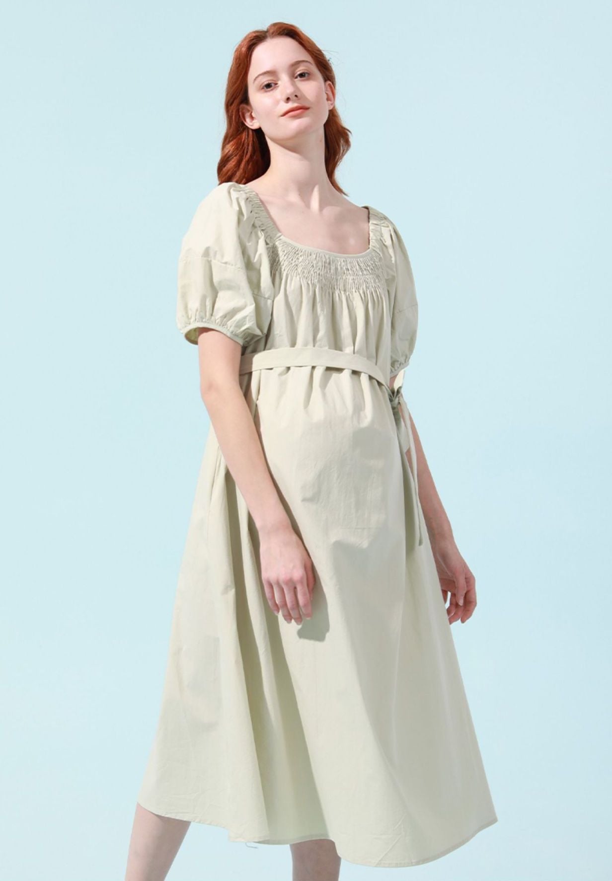 High Waisted Cotton Bishop Sleeve Midi Dress