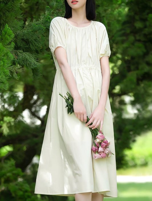 High Waisted Drawstring Bishop Sleeve Midi Dress