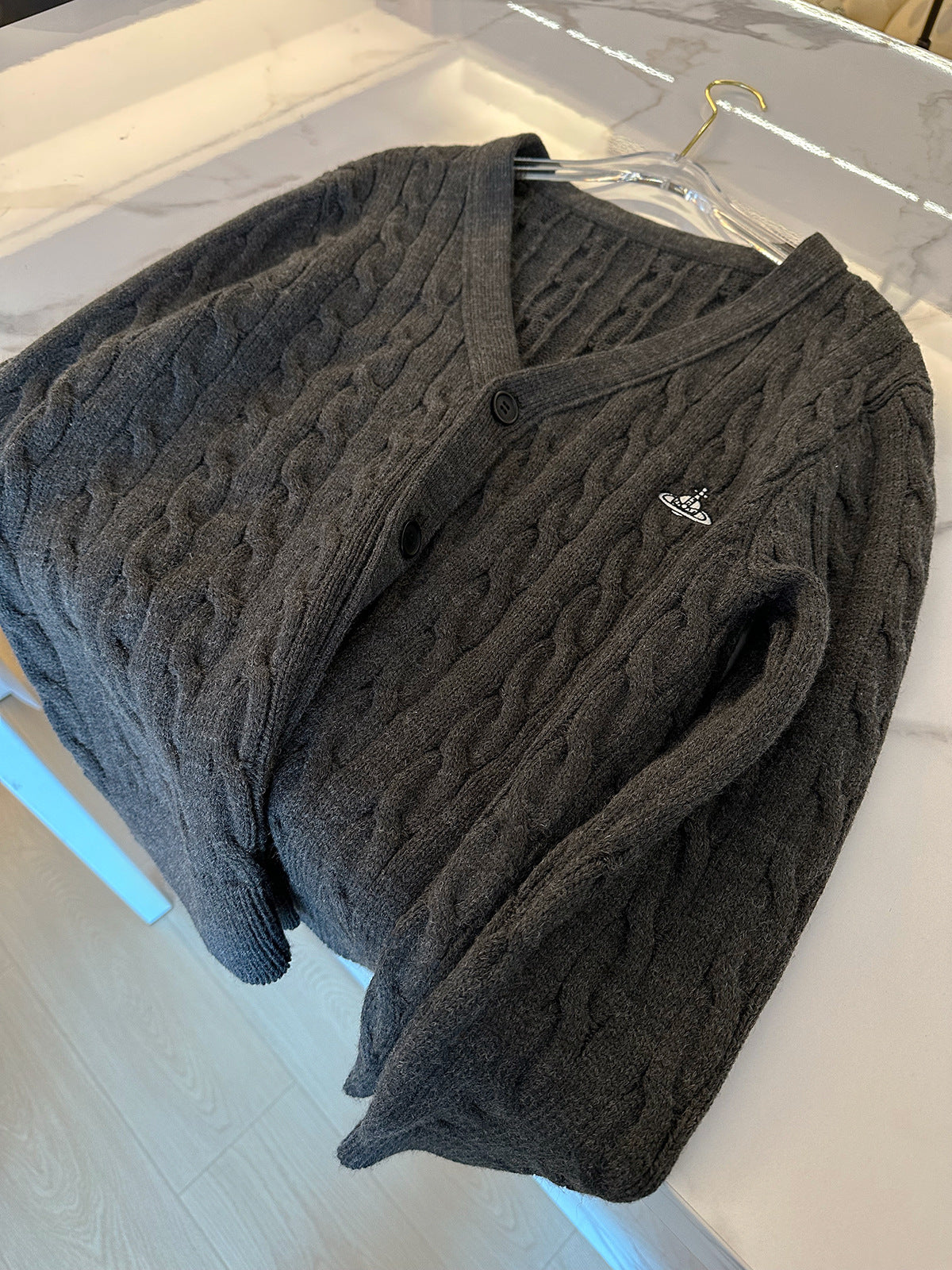 ADER EOFFOR Gray V-Neck Button-Up Knit Cardigan