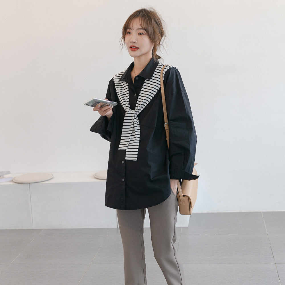 Chic Black Maternity Shirt with Removable Striped Shoulder Wrap