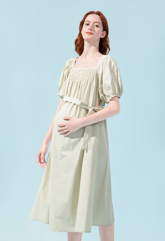 High Waisted Cotton Bishop Sleeve Midi Dress