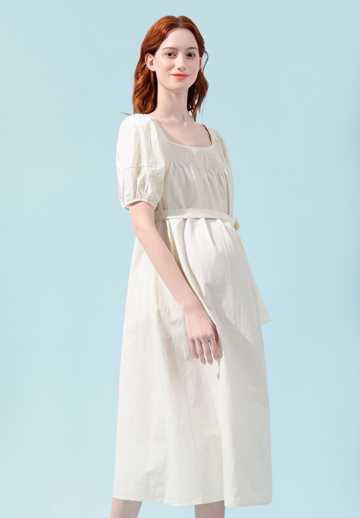 High Waisted Cotton Bishop Sleeve Midi Dress
