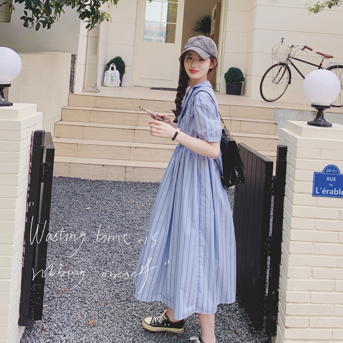 Blue Striped Chic Maternity Dress with Tie Waist