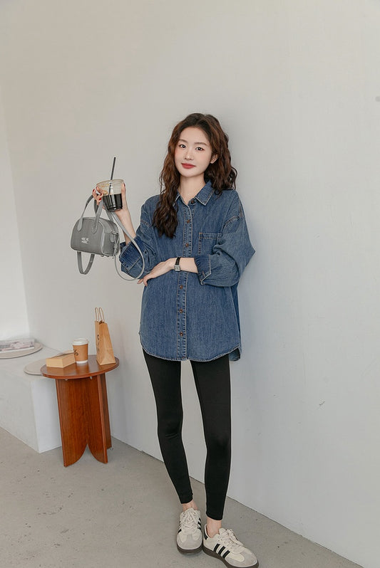 Casual Loose-Fit Maternity Denim Shirt