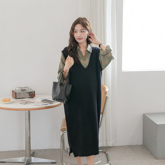 V-Neck Sleeveless Maternity Dress & Plaid Shirt Set