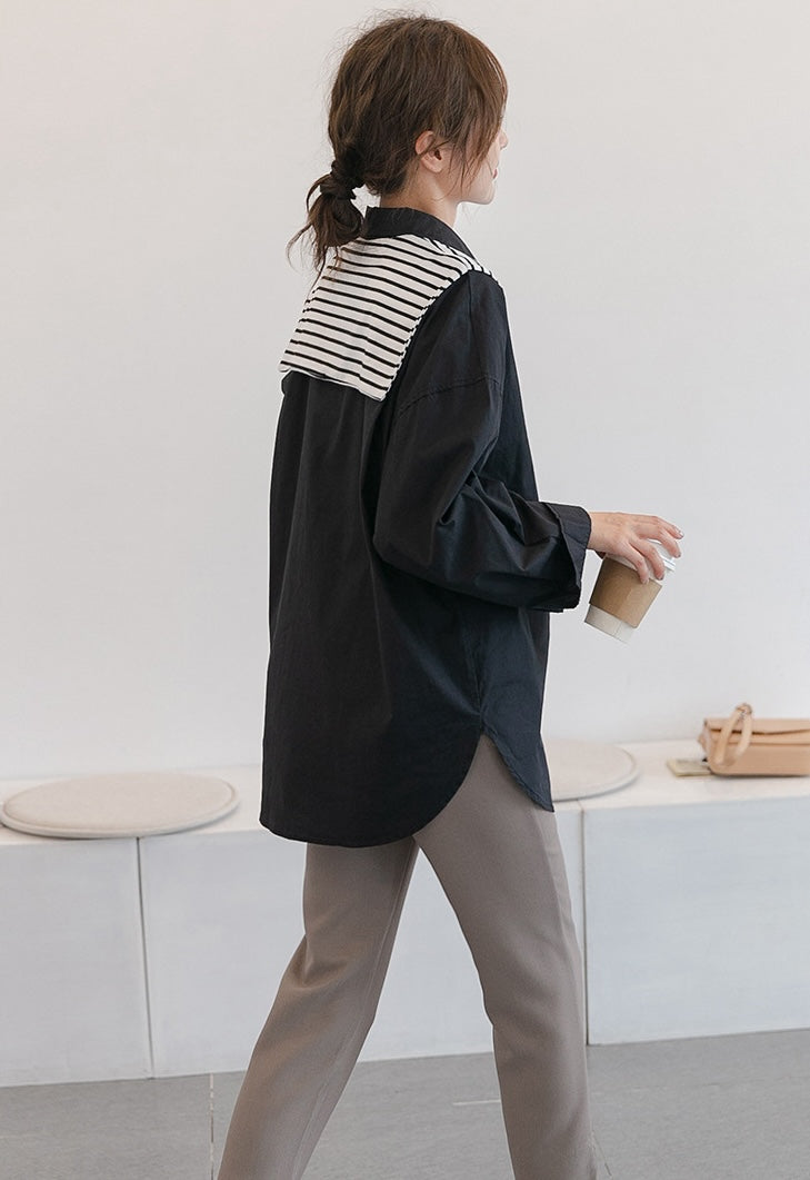 Chic Black Maternity Shirt with Removable Striped Shoulder Wrap