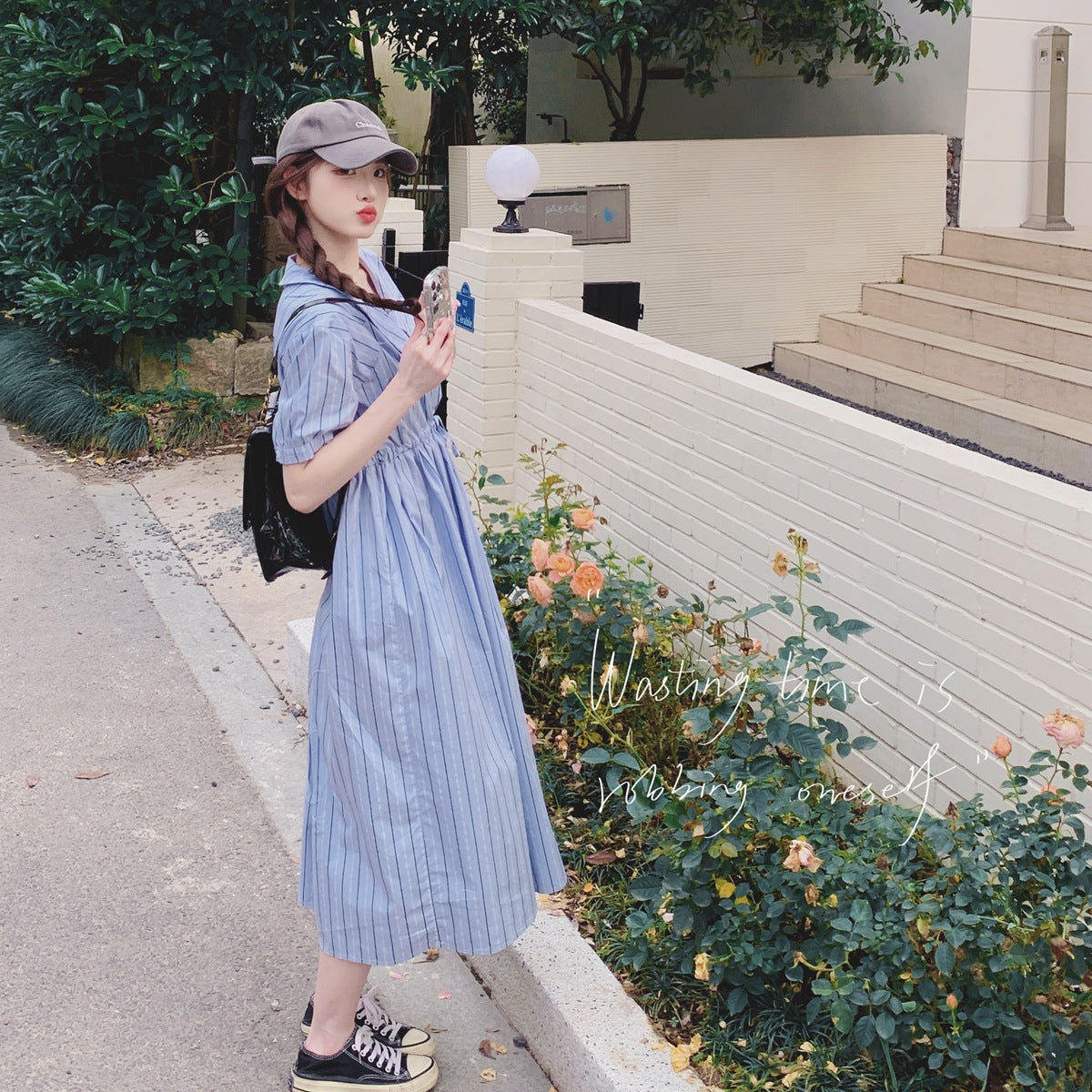 Blue Striped Chic Maternity Dress with Tie Waist