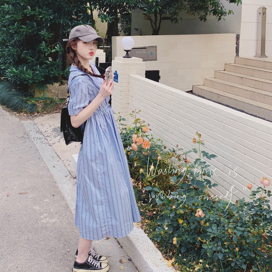 Blue Striped Chic Maternity Dress with Tie Waist