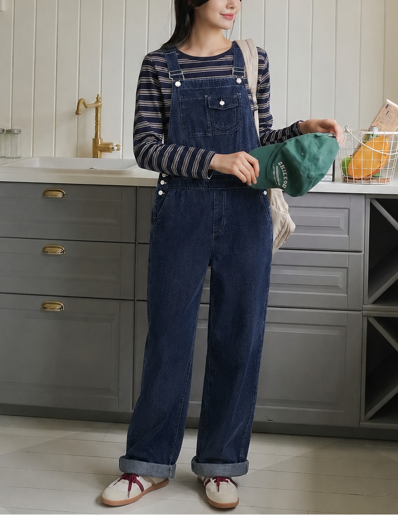 Blue Grey Loose Fit Straight Overalls