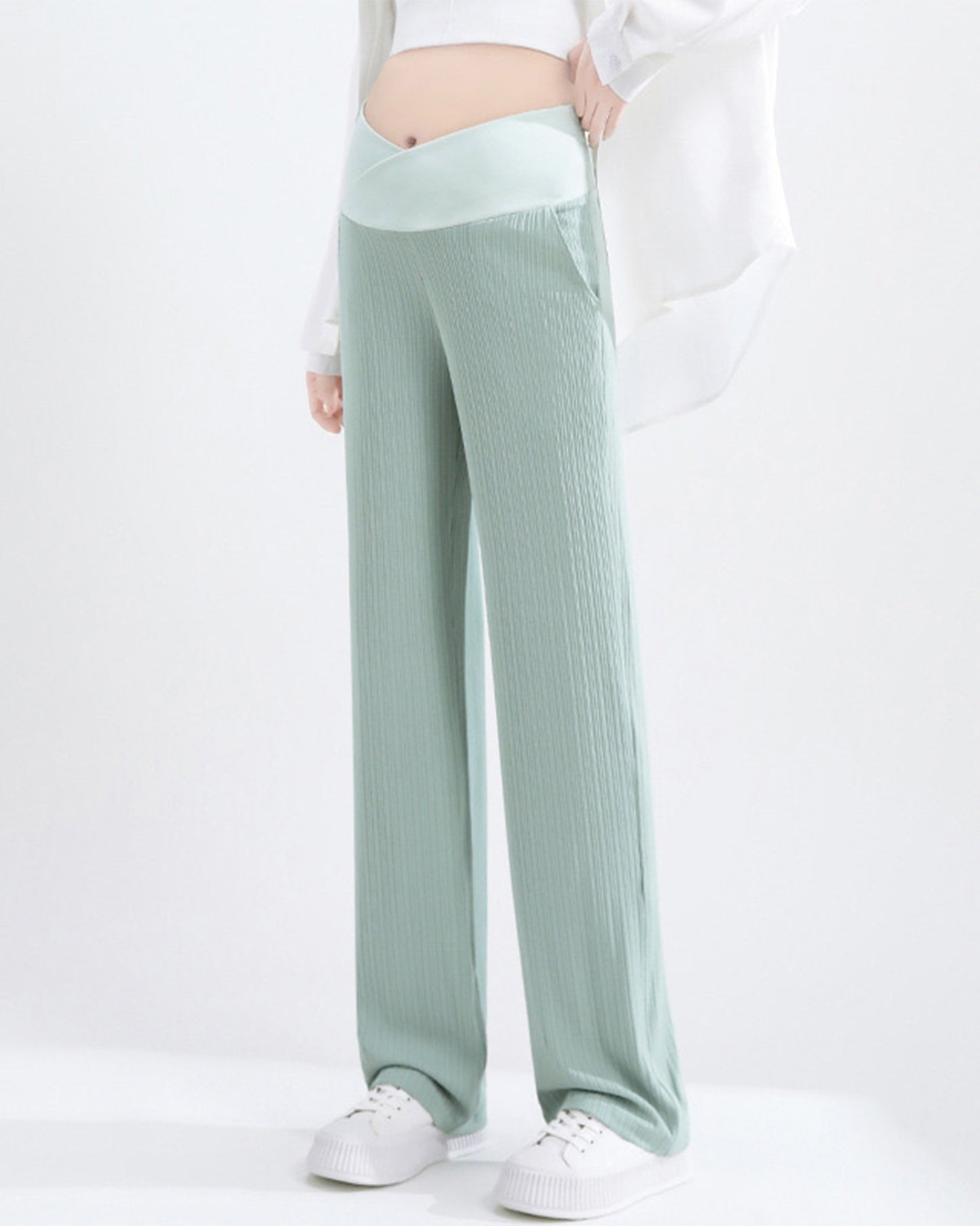 Wide Leg Crossover Waist Cotton Silk Pants Light Green