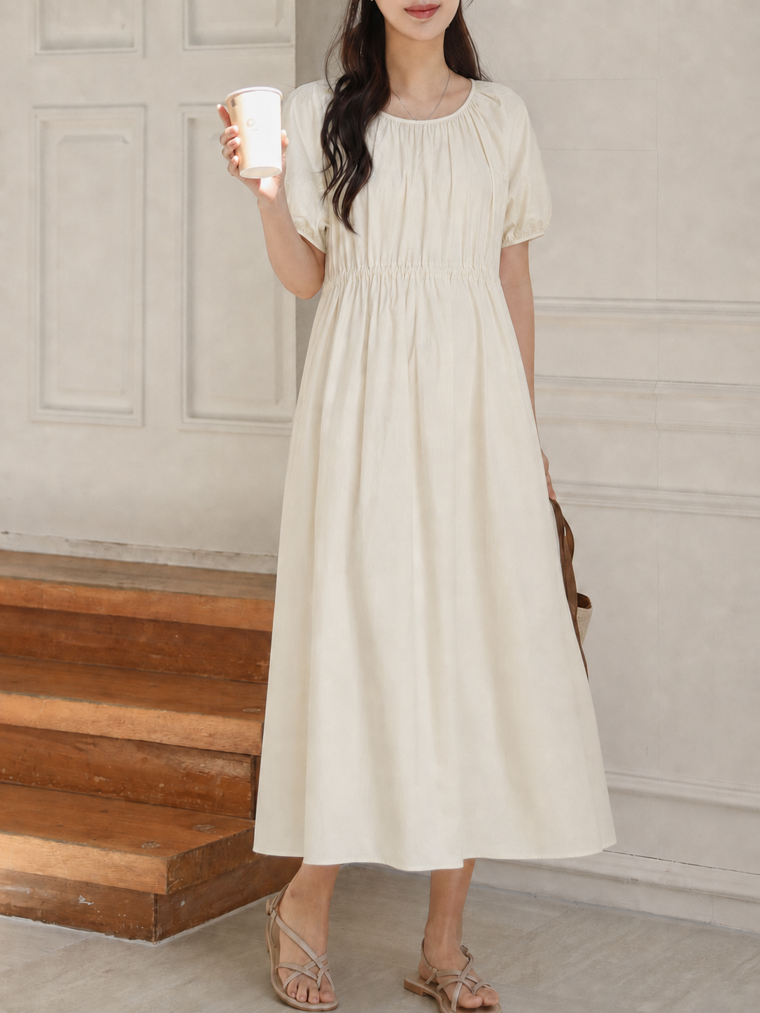 High Waisted Drawstring Bishop Sleeve Midi Dress