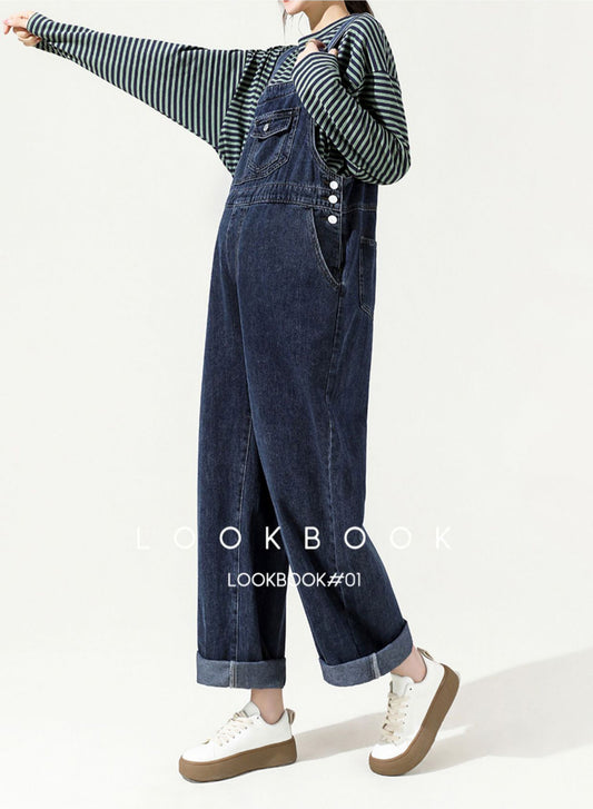 Blue Grey Loose Fit Straight Overalls