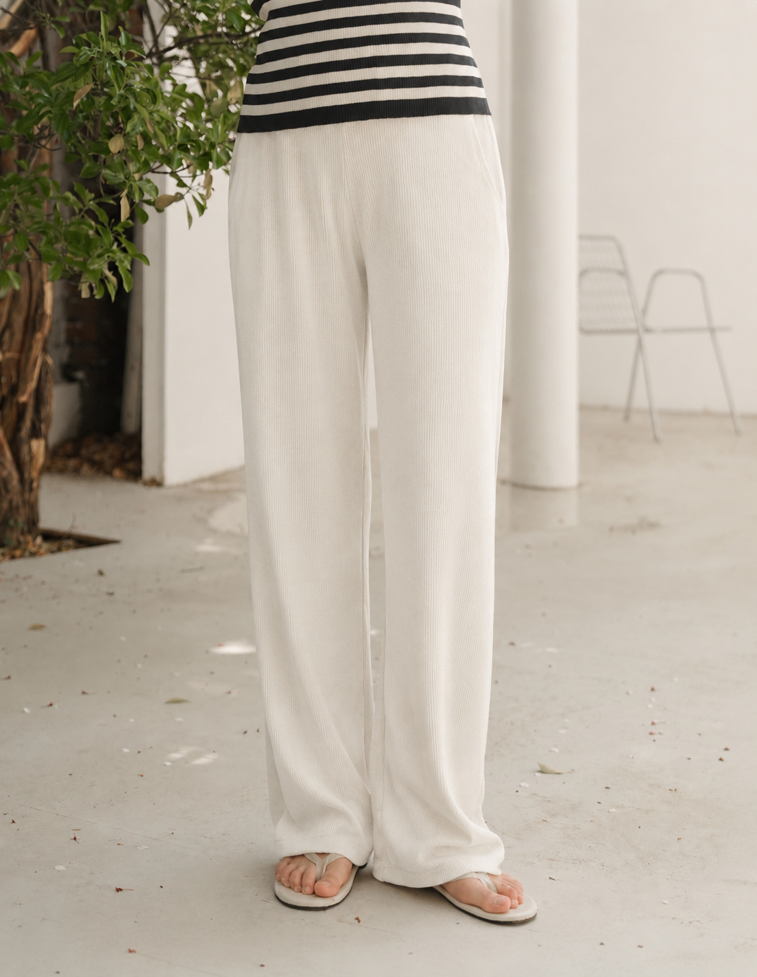 Wide Leg Crossover Waist Cotton Silk Pants Off White