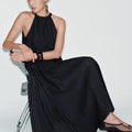 Lyra Crinkle Halter Maxi Dress Black