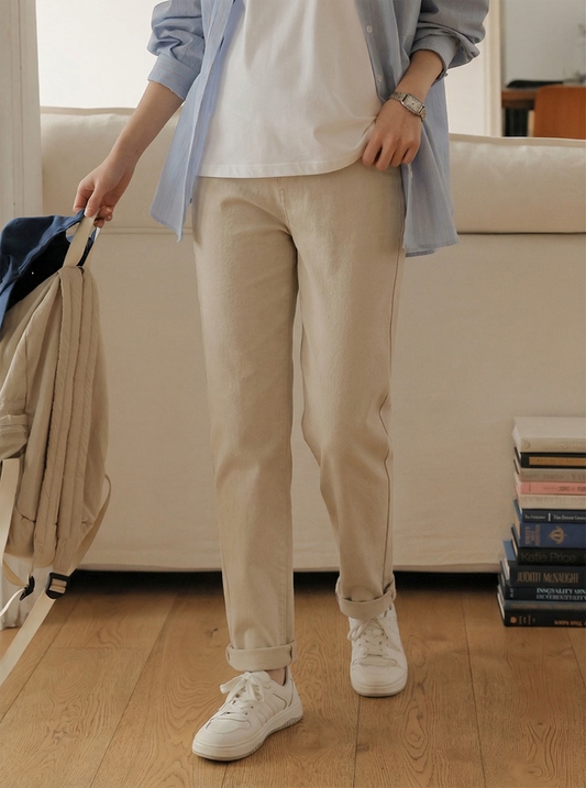 Beige Velvet-Lined Maternity Tapered Trousers