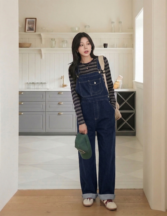 Blue Grey Loose Fit Straight Overalls