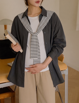 Chic Black Maternity Shirt with Removable Striped Shoulder Wrap