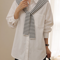 Chic White Maternity Shirt with Removable Striped Shoulder Wrap