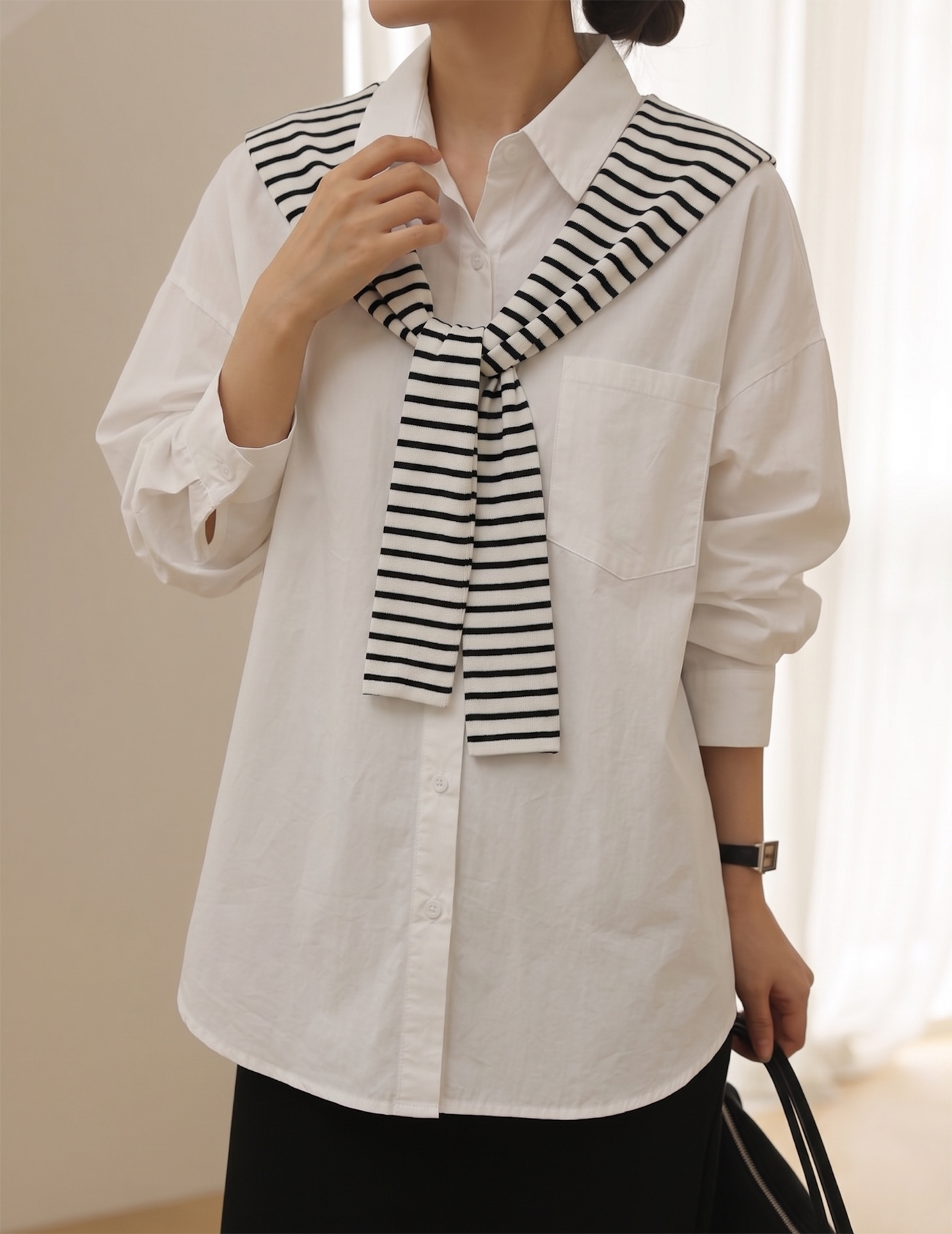 Chic White Maternity Shirt with Removable Striped Shoulder Wrap