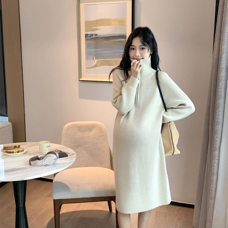 Cozy Loose-Fit Maternity Knit Dress Beige
