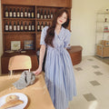 Blue Striped Chic Maternity Dress with Tie Waist