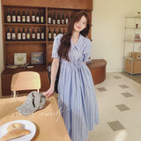 Blue Striped Chic Maternity Dress with Tie Waist