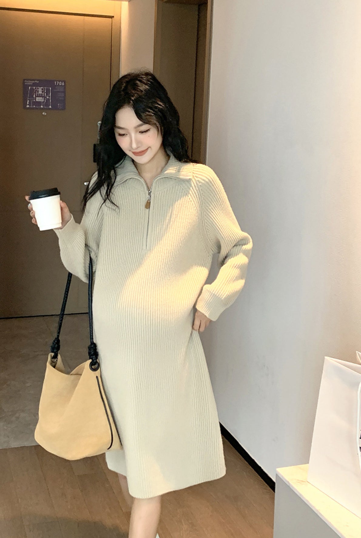 Cozy Loose-Fit Maternity Knit Dress Beige