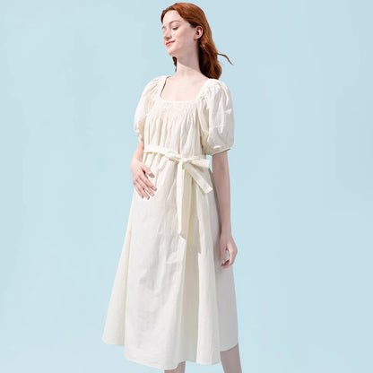 High Waisted Cotton Bishop Sleeve Midi Dress