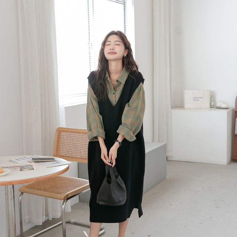 V-Neck Sleeveless Maternity Dress & Plaid Shirt Set