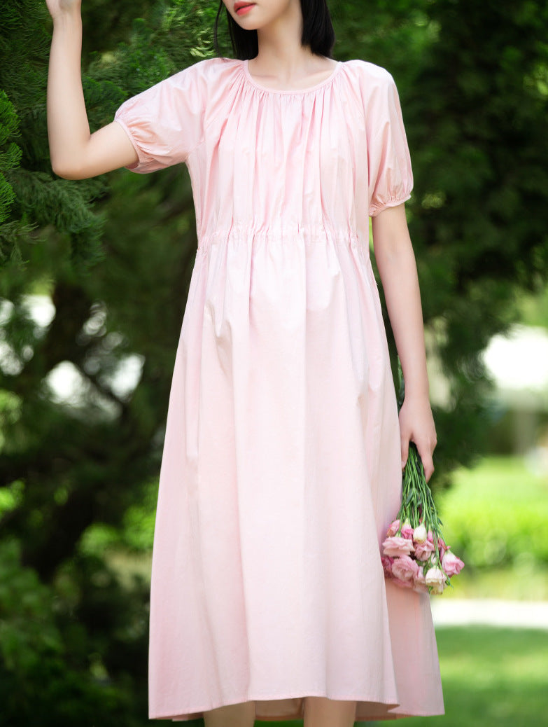 High Waisted Drawstring Bishop Sleeve Midi Dress